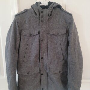 Guess Men's Wool Blend Gray Utility Coat Full Zip & Button Closure Great Quality